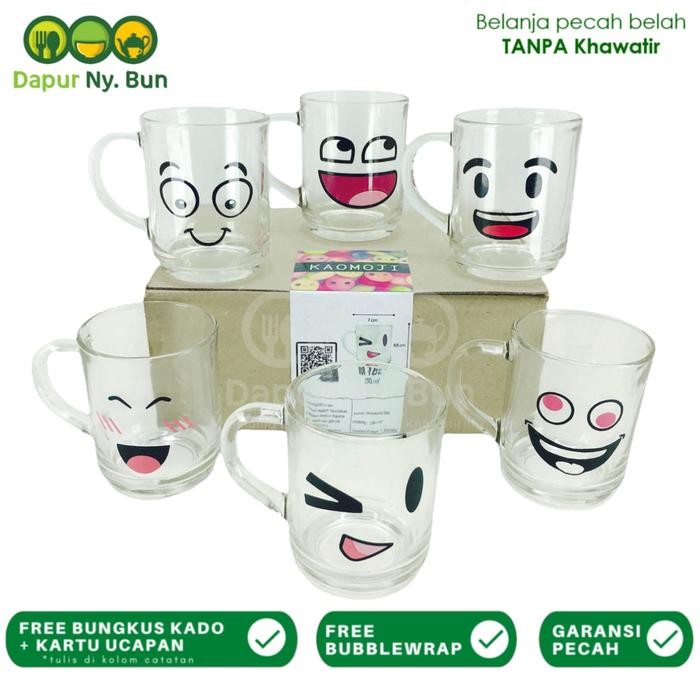 Pilihan- 6 Pcs Gelas Kaca Kaomoji Ukuran 230 Ml / Cangkir Bening