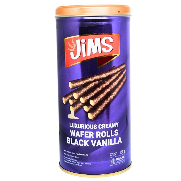 

S32226 JIMS BLACK VANILLA ROLLS WAFER 150GR TIN MAJU BERSAMA (20250914)
