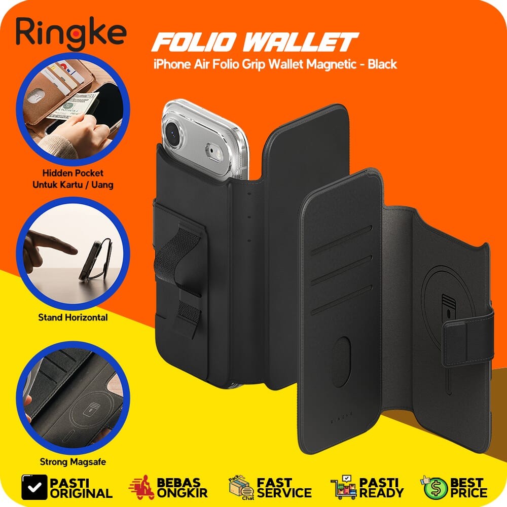 Ringke for iPhone Air Folio Grip Wallet Magnetic Black Hitam Case Leather Kulit Casing Melindungi La