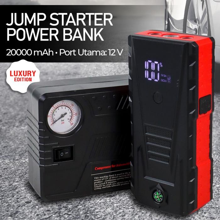 PowerBank Portable Jumper Mobil Jump Starter Charger Aki Mobil+Pompa
