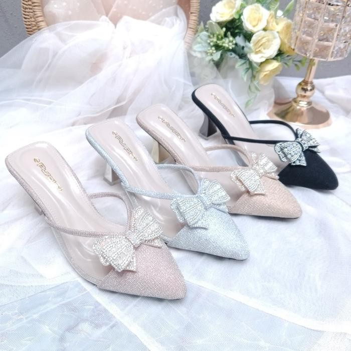 mitra Purple Shoes - Lizzy Sandal Slop Wanita Pesta High Heels Hak Lancip 7 cm Silver Salem Hitam