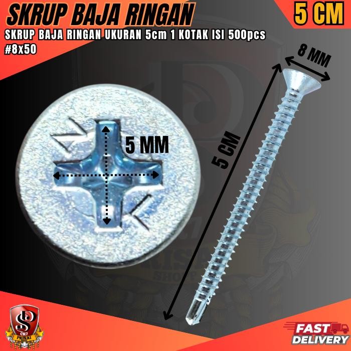 Skrup Baja Ringan Ukuran 5cm #8x50 1 Dus Isi 500 Pcs Skrup Roofing Kepala Obeng Skrup Baja Serbaguna