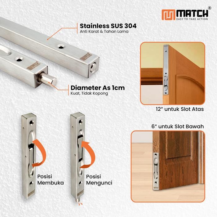 Lansungkirim- Match Slot Pintu Grendel Tanam 6 + 12 Inch Stainless Slot Kunci Pintu Kupu Tarung