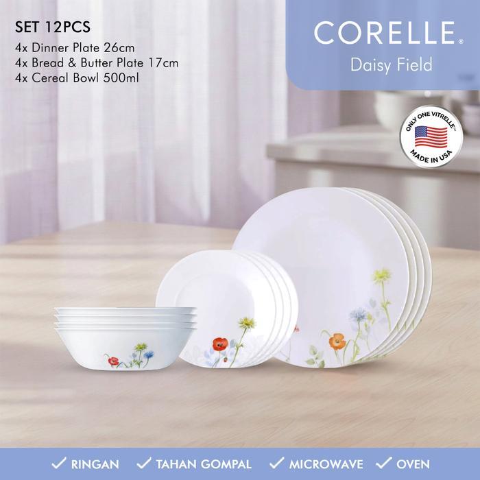 CORELLE Daisy Field Dinner Set 12 Pcs / 18 Pcs / 20 Pcs Piring Mangkuk Keramik Kaca Vitrelle Anti Go