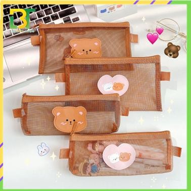 

LBT Tempat Pensil Zipper Coklat Motif Beruang Dompet Jaring Trans Lucu