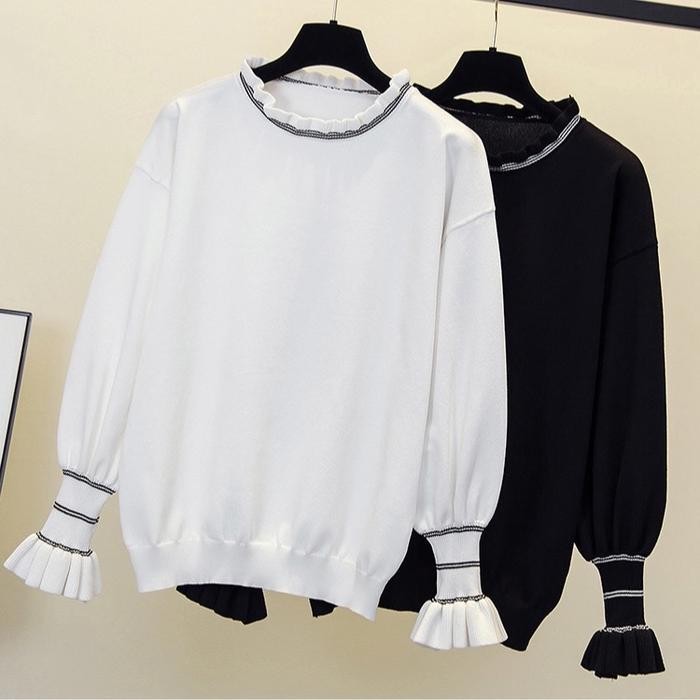Atasan wanita rajut list putih lengan balon polos santai TF044