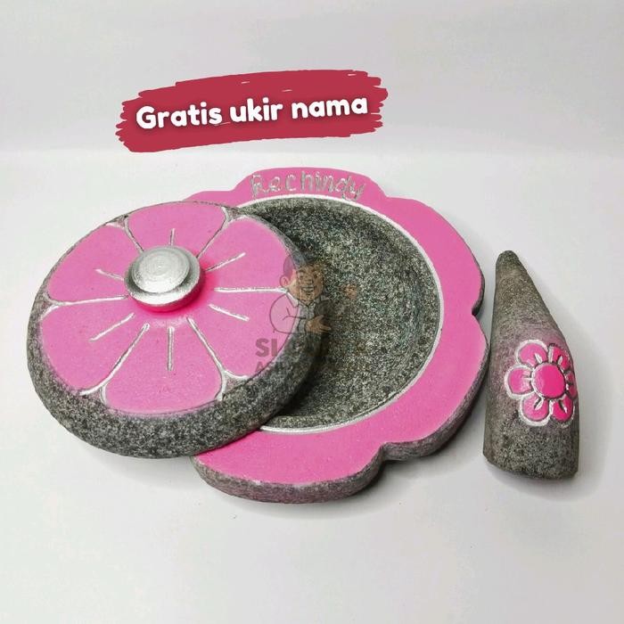 SI COBEK BATU ASLI COBEK KARAKTER BATU ASLI BUNGA - ULEKAN BUMBU DAPUR 22 CM - TUMBUKAN SAMBAL BUMBU