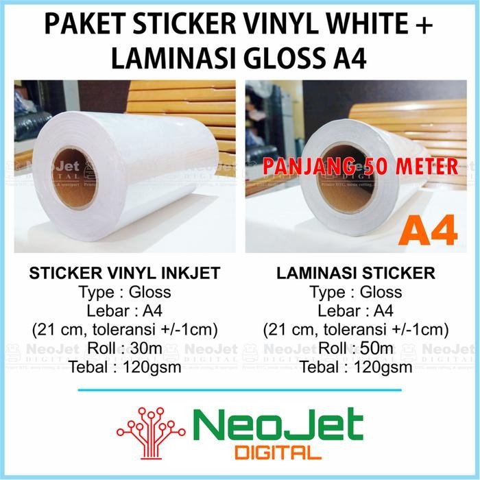 

Paket Sticker Stiker Vinyl Inkjet White Glossy + Laminasi Glossy A4