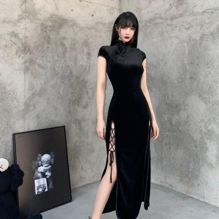 GOTH Cheongsam Velvet Bodycon Long Dress 8471 (S/M/L)