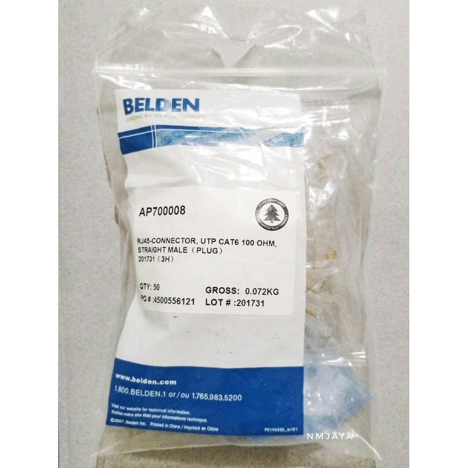 Rj45 Belden / Connector Rj45 Cat6 / Rj 45 Cat6 Belden 50Pcs [Original]