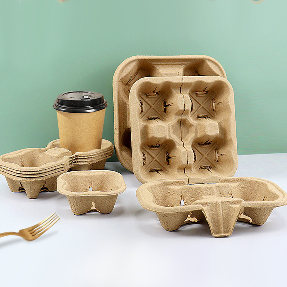Biodegradable Disposable Custom Paper Cup Holder Takeout Tray Carrier Kraft Pulp Cardboard Print LOG