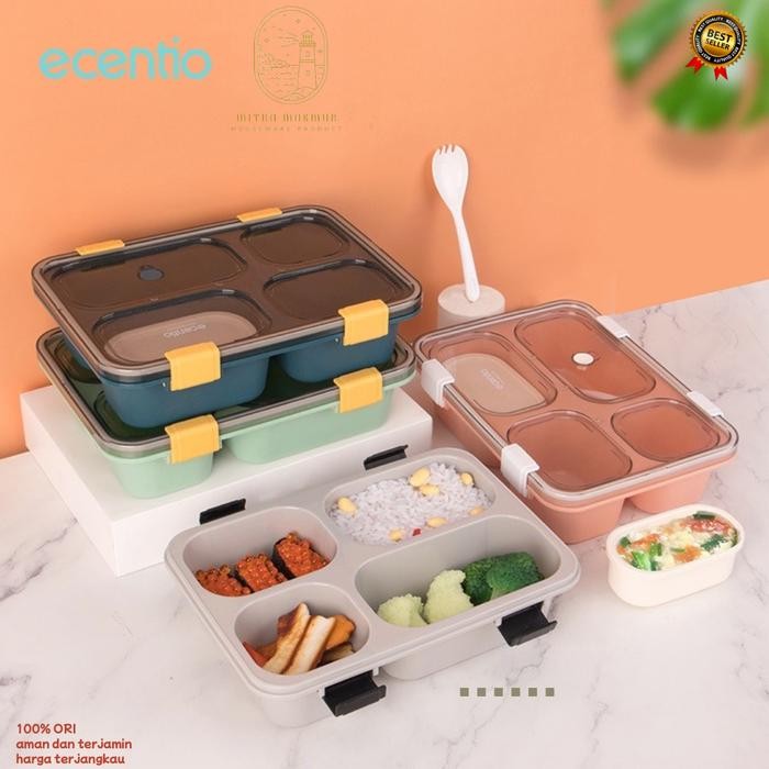 Terlaris Ecentio Tempat Makan Kotak Makan Lunch Box 3-4 Grid Free Sendok