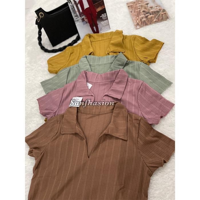 Sanfhasion~miki crop top atasan wanita rib kerah v