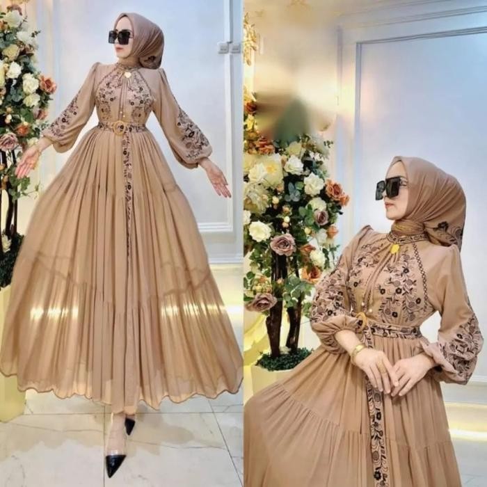 080j- Dress Kondangan Muslim Wanita Elmira Dress Bahan Ceruty Babydoll Aksen Bordir Bunga
