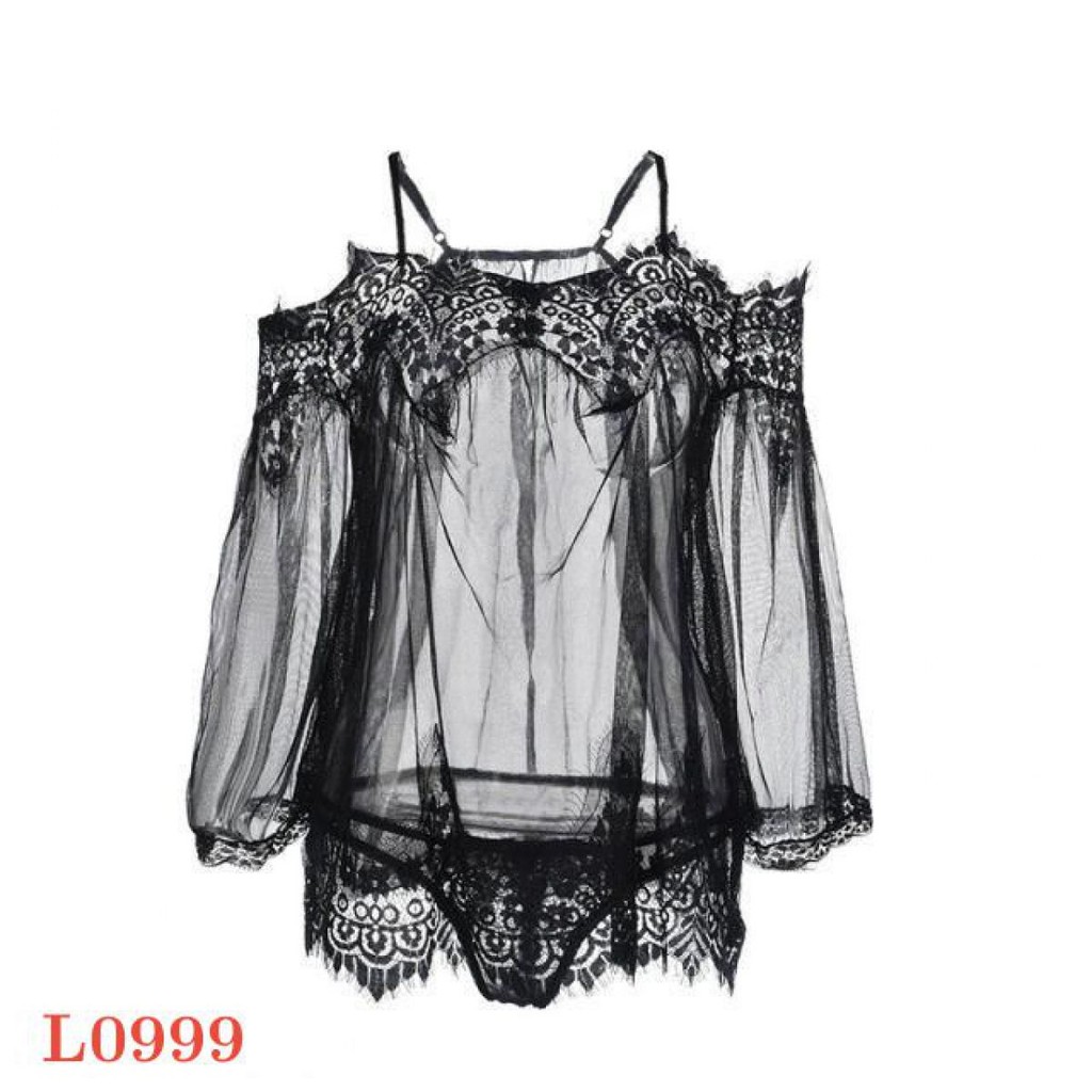 L0999 - Baju Tidur Lingerie Jumbo Big Size Babydoll Mini Dress Hitam Transparan Lengan Panjang Penga