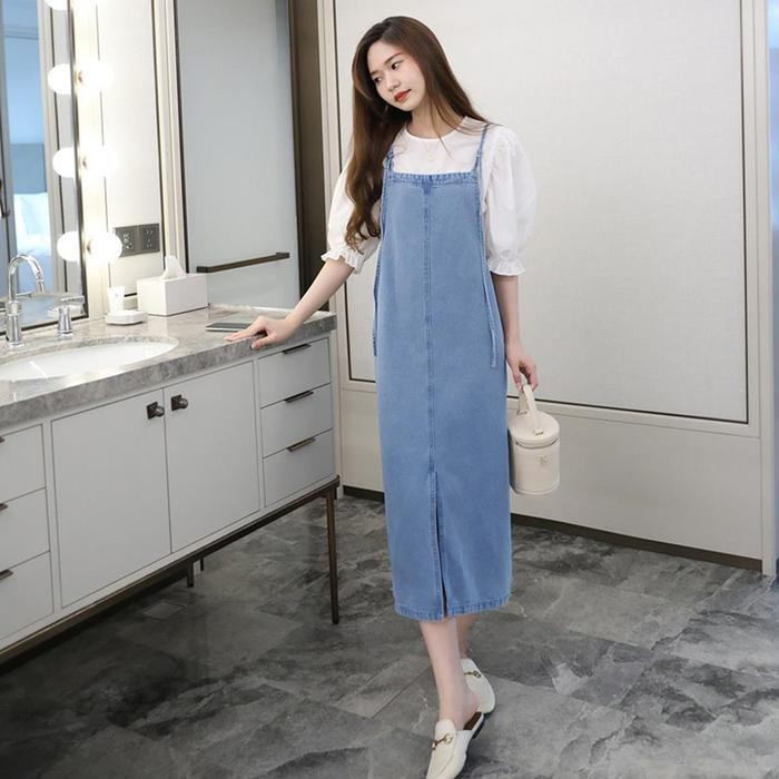 9qli- Overall Jumpsuit Rok Jeans Rok Korean Style Gaun Tali Rok Wanita Panjang Rok Jumbo