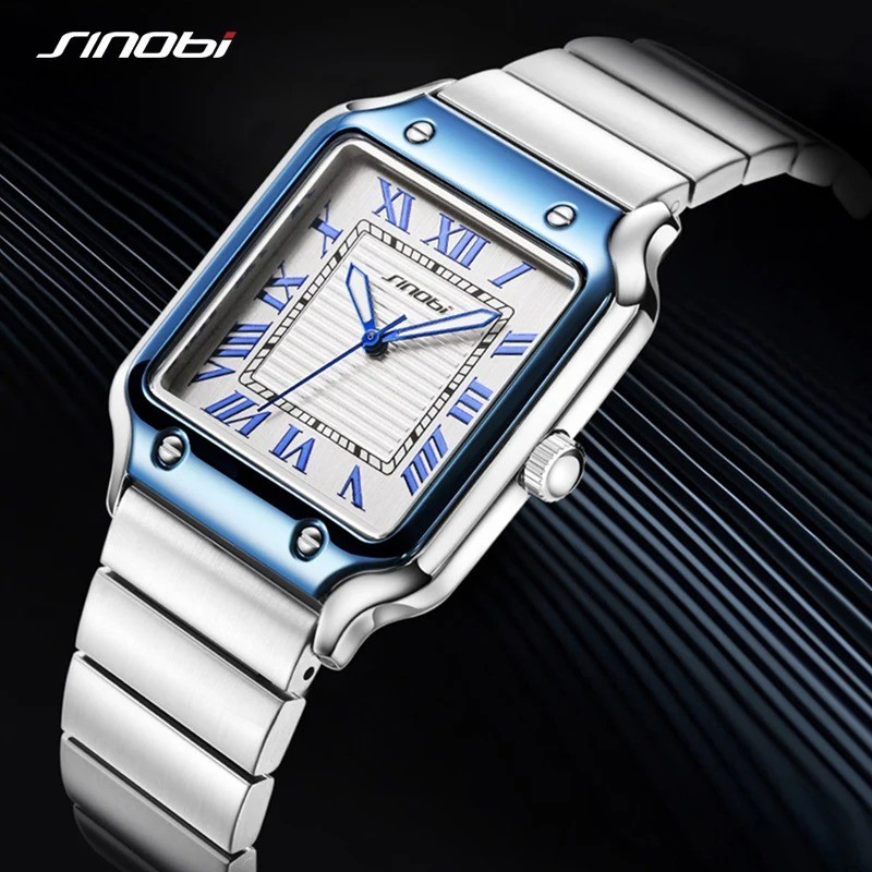 Sinobi Fashion Business Men's Quartz Watches Square Stainless Steel Luminous Waterproof Watch Men