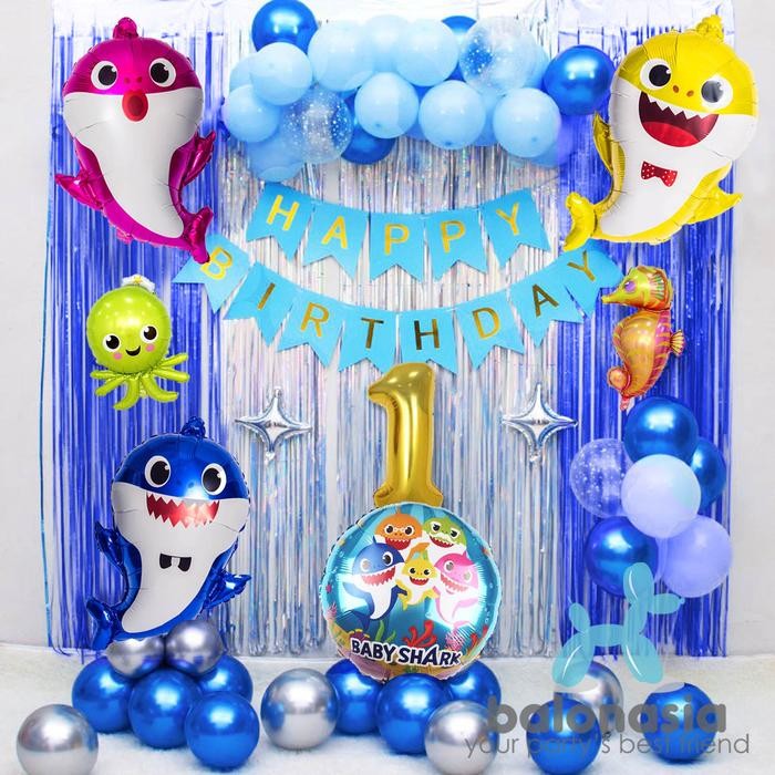 Pilihan- Balon Foil Ulang Tahun Baby Shark Sea 2 Tirai Set Anak