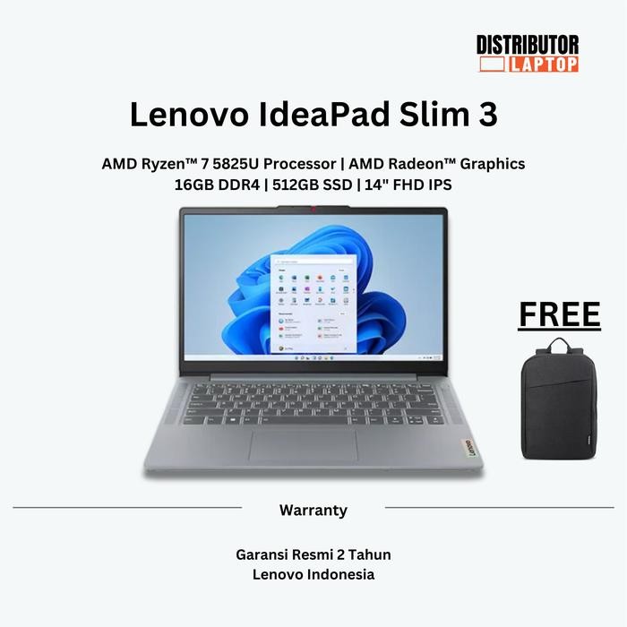 Pilihan- Lenovo Ideapad Slim 3 Amd Ryzen 7 5825U Ram 16Gb 512Gb Ssd 14" Fhd Win 11