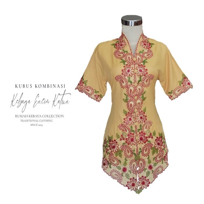 Kebaya Encim Kartini Katun Bordir Modern Kuning Kubus Lengan Pendek
