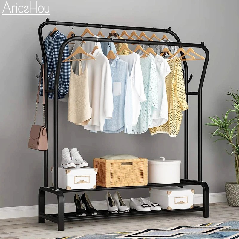 Coat Rack Garment Rack Free-standing Clothes Hanger with Top Rod Clothes Shelves Storage Wardrobe Ha