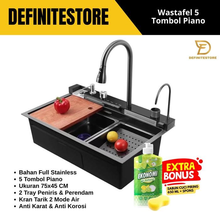 Kitchen Sink 1 Lubang Wastafel Cuci Piring 1 Lubang Hitam Emas Bak Cuci Piring 1 Lubang Piano Led