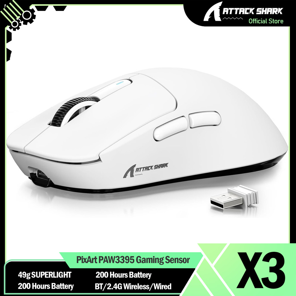 Attack Shark X3 Wireless Gaming Mouse Pixart Paw3395 49G Superlight, Bt/2.4G Wireless/Wired, 6