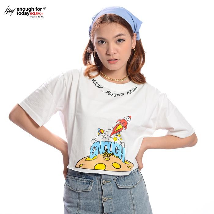 MURAH Kaos Crop Top Oversize Wanita Flying Rocket Putih Crop Tees Oversize Sablon Premium Atasan