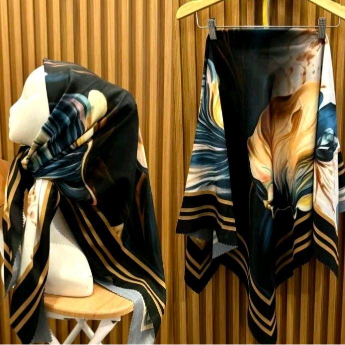 Hijab Segi Empat Voal Motif Sublime Kode 401 Hitam Biru Gold