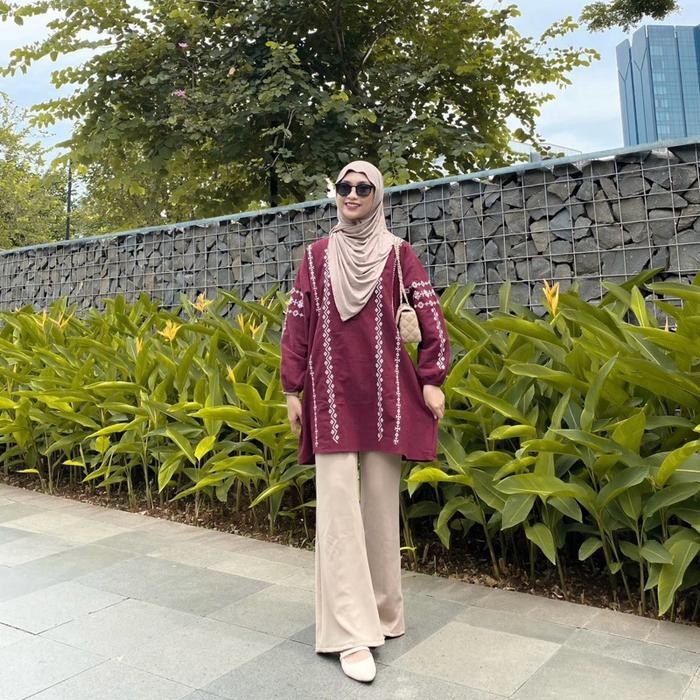 mul Laura Tunik Tunic atasan raya lebaran Idul fitri Ethnic Cantik Linen Muslim Panjang Wanita Katun