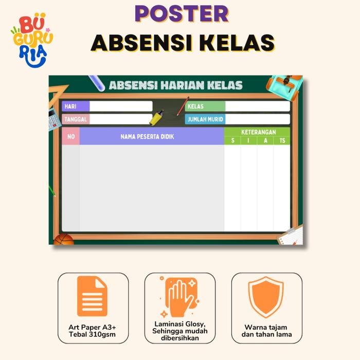 

New Bu Guru Ria - Poster Absensi Kelas Dinding Dapat Dihapus Dan Digunakan Berkali-Kali