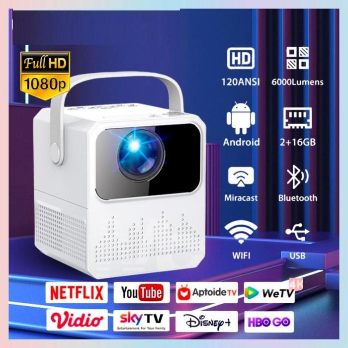 SMARTCOM T2 Mini Proyektor Android TV 1080P Smart Projector 6000 Lumen Android Portable Mirroring HP