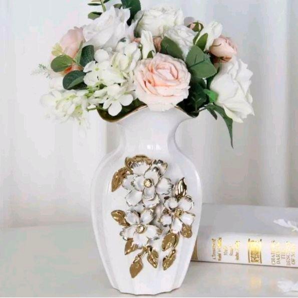 Vas Bunga Keramik Putih Gold Emas Motif Bunga Pajangan Meja Keramik Dekorasi Rumah Import vas bunga