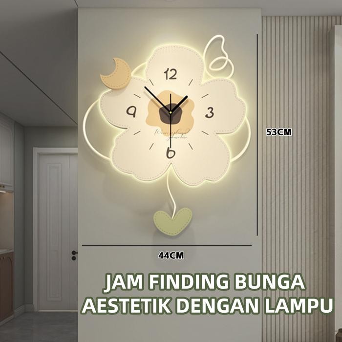 QPT Mall Jam Dinding Bunga Aestetik LED Jam Dinding Ukir Dengan Lampu Ruang Tamu Kamar tidur