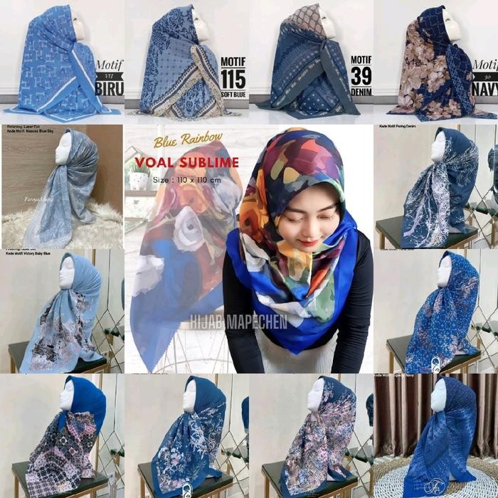 Top Edisi Biru - Hijab VOAL MOTIF PREMIUM Denim Navy Dongker Softblue Jilbab Segiempat LaserCut