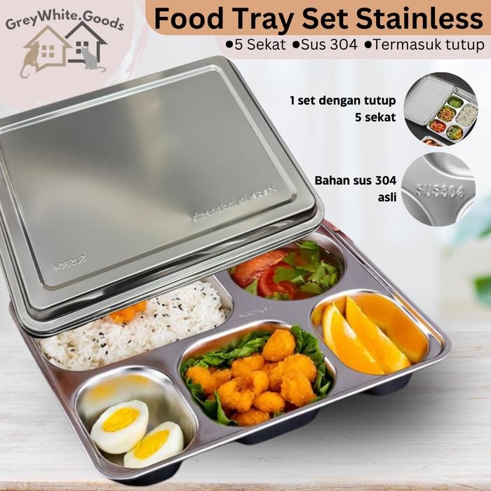Food Tray 5 Sekat + Tutup Stainless 304 Nampan Makanan Ompreng 5 Sekat Kotak Makan Stainless
