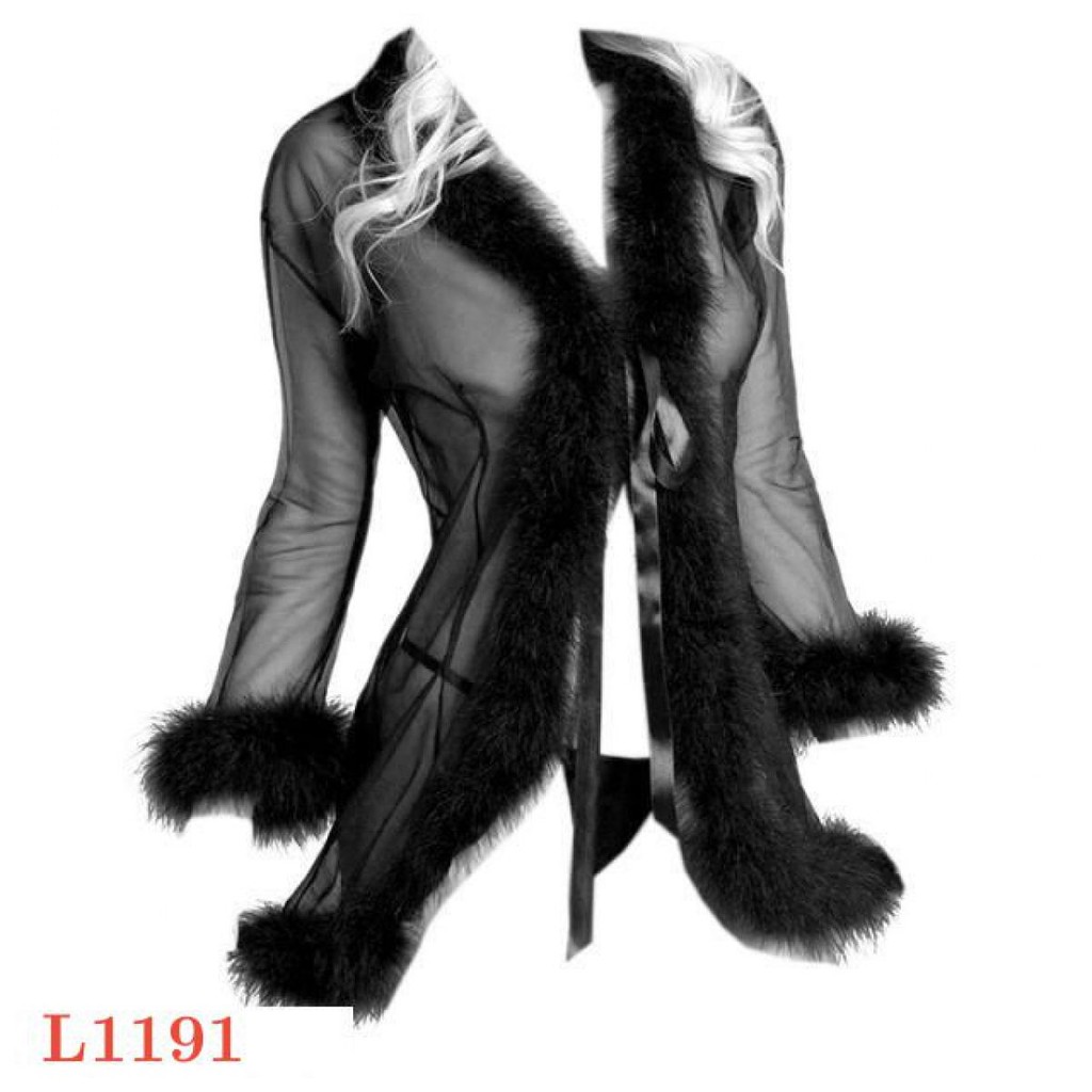 L1191 - Baju Tidur Lingerie Robe Kimono Dress Hitam Transparan Lengan Panjang Tepi Bulu