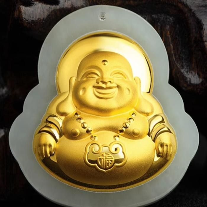 KALUNG LIONTIN BUDDHA MAITREYA HETIAN JADE GOLD WHITE PENDANT FINE CARVING SYNTHETIC STONE CHINESE