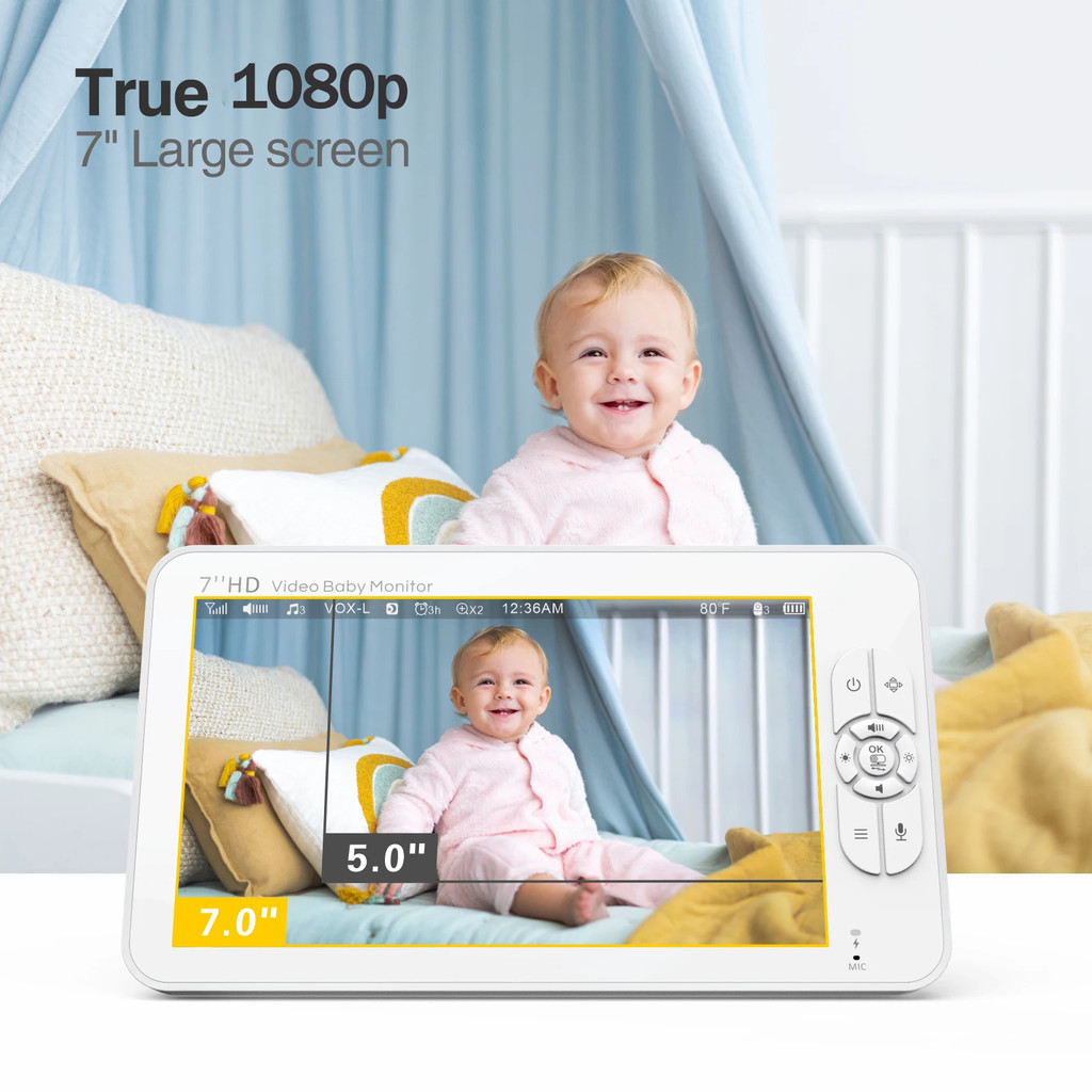 Babystar 7" HD Split Screen Video Baby Monitor No WiFi, Baby Camera Monitor, Hack Proof, Remote