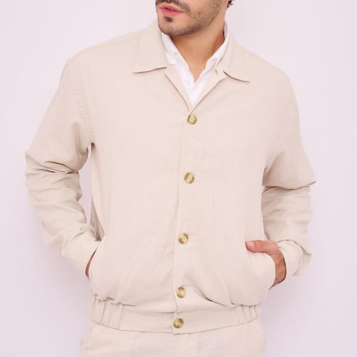 REMEDY Jaket Bomber Linen Pria Warna Cream - Aneto Linen Bomber Jacket