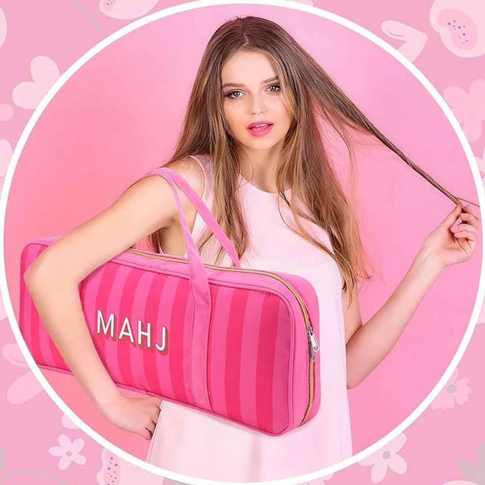 Mahjong Tile Bag PU Striped Mahjong Rack Storage Bag Mahjong Set Bag Portable Travel Mahjong Rack