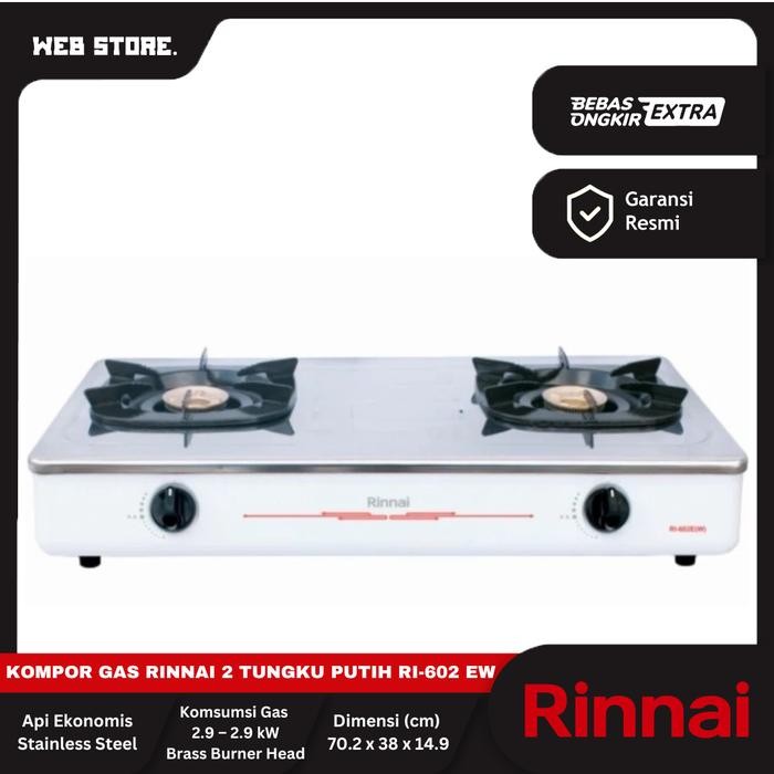 Rinnai Kompor 2 Tungku Stainless Steel RI602EW Api Ekonos Kompor 2 Tungku Warna Putih RI-602EW