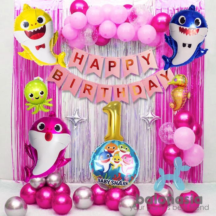 mhho- Balon Foil Ulang Tahun Baby Shark Sea 2 Tirai Set Anak