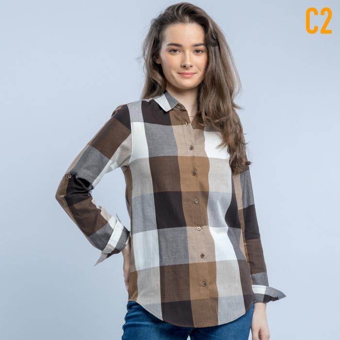 ug5s- C2 Granby Brown Kemeja Casual Wanita Lengan Panjang Motif Kotak