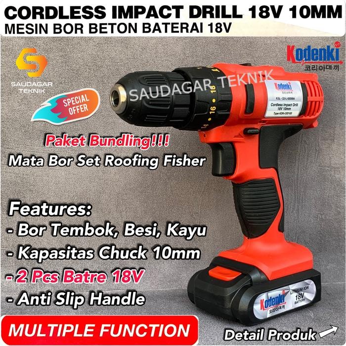 Mesin Bor Tembok Cordless Baterai Batre Cordless Impact Drill Kodenki