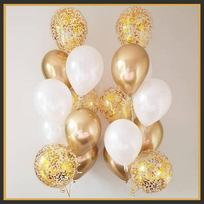 PAKET BUCKET BALON METALIK CONFETTI ISI 24 PCS WHITE GOLD