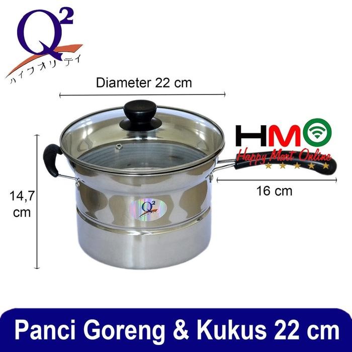 HariPromo- Q2 Panci Goreng Kukus Stainless Diameter 22 Cm Q2-218 Tutup Kaca Deep Fry Pan 22Cm Q2