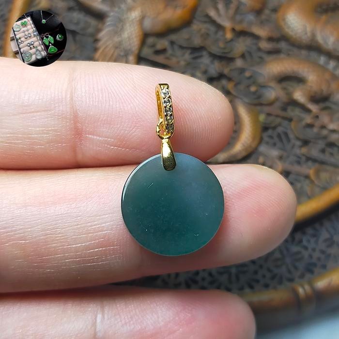 Liontin kalung Giok Burma koin mini cantelan perak lapis emas + sertifikat