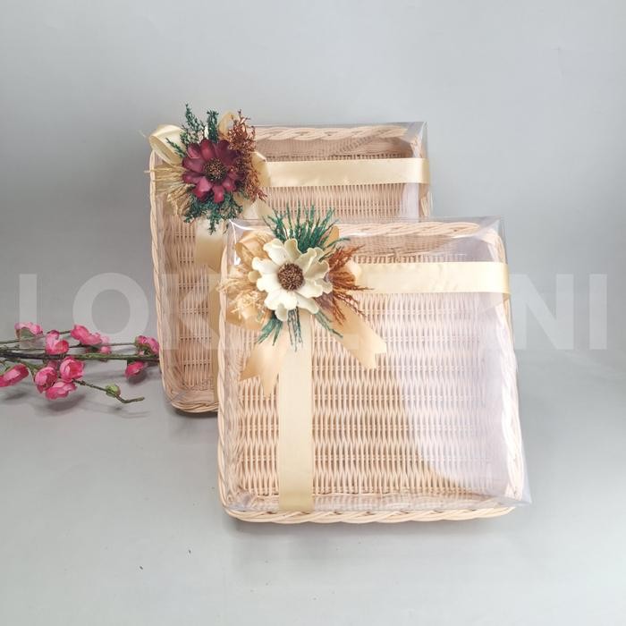 Nampan Rotan Kotak Mika/ Nampan Hantaran/ Nampan Kue mika 30 & 25 CM + Bunga Rustic C