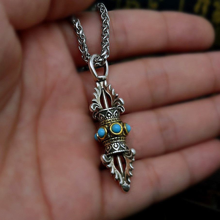 Retro vajra pendant for men and women set with turquoise necklace national trend king pendant for